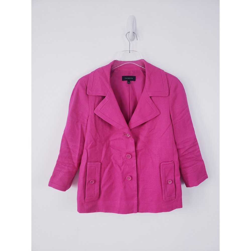 Talbots Blazer Pink Linen Button Front 3/4 Sleeve Notched Collar Womens Size 8